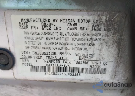 2005 Nissan Sentra 1.8S from USA, damaged, VIN 3N1CB51DX5L455585